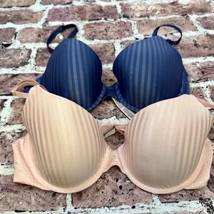 Victoria's Secret Pink & Blue Striped Push Up Bra Set Bundle Size 32D‎
